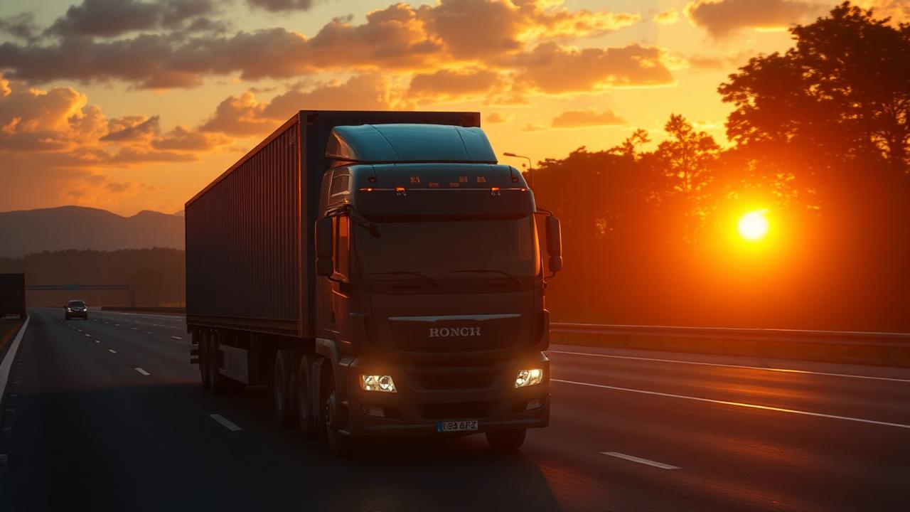 Caminhão da Brasil Express em rodovia ao entardecer