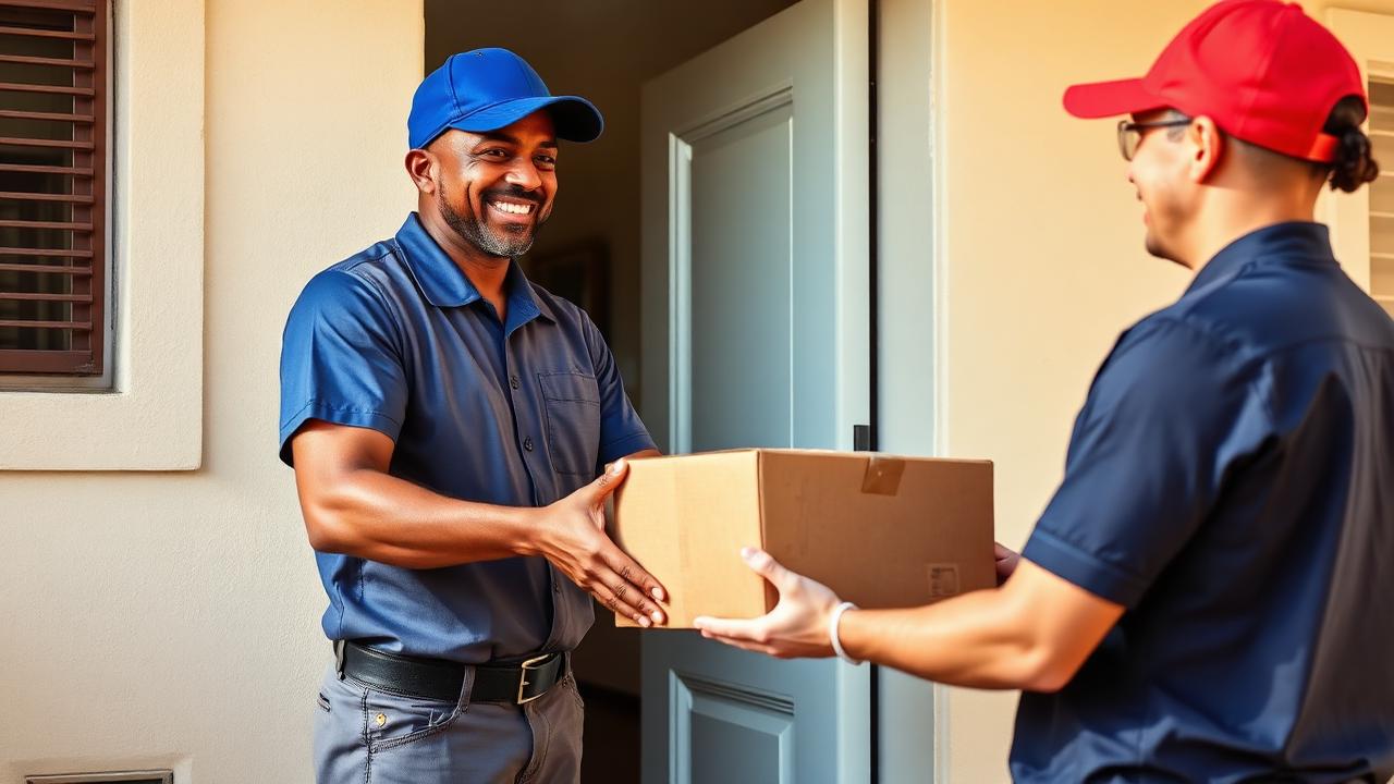 Entregador entregando uma encomenda a um cliente na porta de casa